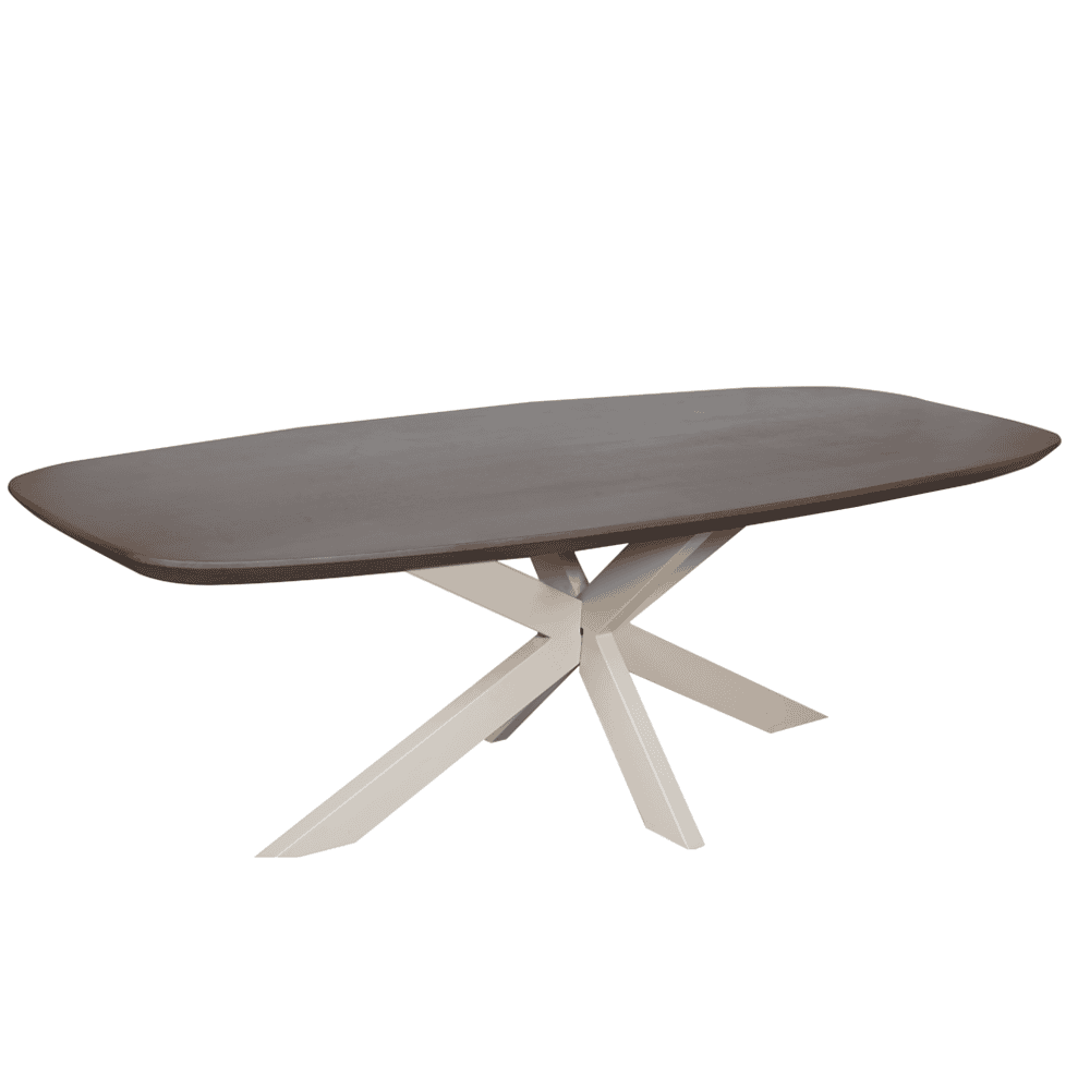 Donkere eettafel met geschulpte rand en witte geometrische pootjes, modern design, houten blad, Mokana Meubelen.