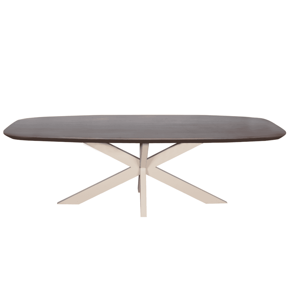 Elegante houten eettafel met moderne witte onderstel, perfect voor een stijlvol en functioneel interieur.
