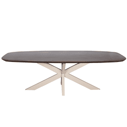 Elegante houten eettafel met moderne witte onderstel, perfect voor een stijlvol en functioneel interieur.