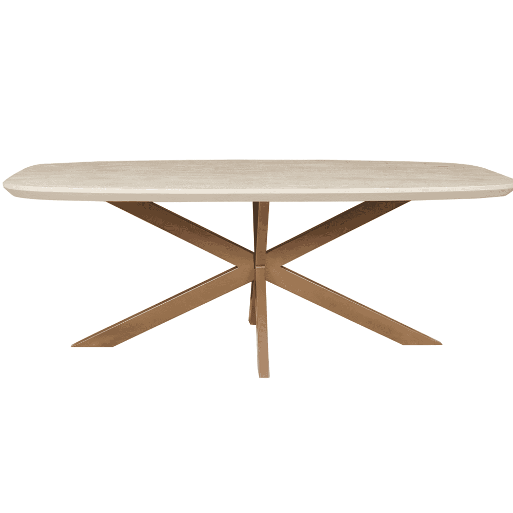 Elegante eettafel met houten tafelblad en metalen onderstel, modern design, vakmanschap en duurzame materialen, perfect voor gezellige maaltijden en stijlvolle woonruimtes.