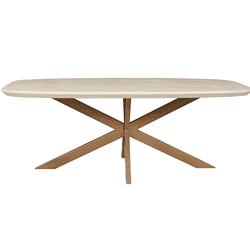 Elegante eettafel met houten tafelblad en metalen onderstel, modern design, vakmanschap en duurzame materialen, perfect voor gezellige maaltijden en stijlvolle woonruimtes.