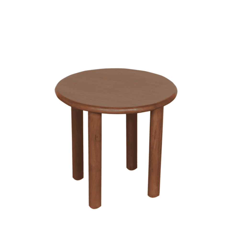 Robuuste houten bijzettafel met ronde top en massief voeten, perfect voor een natuurlijke en warme uitstraling in elk interieur.