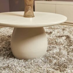 Modern ronde salontafel met een witte matte afwerking en een sculpturale basis, perfect voor een contemporary woonkamer.