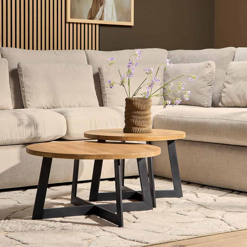 Clay tables in a modern living room with beige sofa and decorative vase with purple flowers, Mokana Meubelen, contemporary interior design.