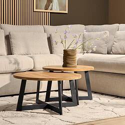 Clay tables in a modern living room with beige sofa and decorative vase with purple flowers, Mokana Meubelen, contemporary interior design.