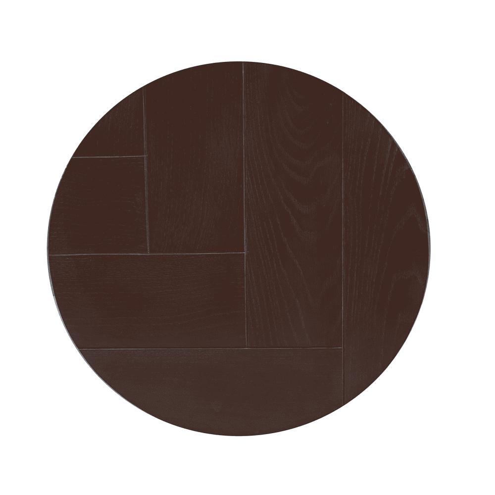 Elegante ronde eettafel van donker hout met een strak, modern design, perfect voor een warme en stijlvolle eethoek.