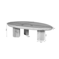 Rustieke houten salontafel met duurzame afwerking en uniek design, geschikt voor moderne en landelijke interieurs, afmetingen 130x70x35 cm, stevige constructie met drie robusten poten.