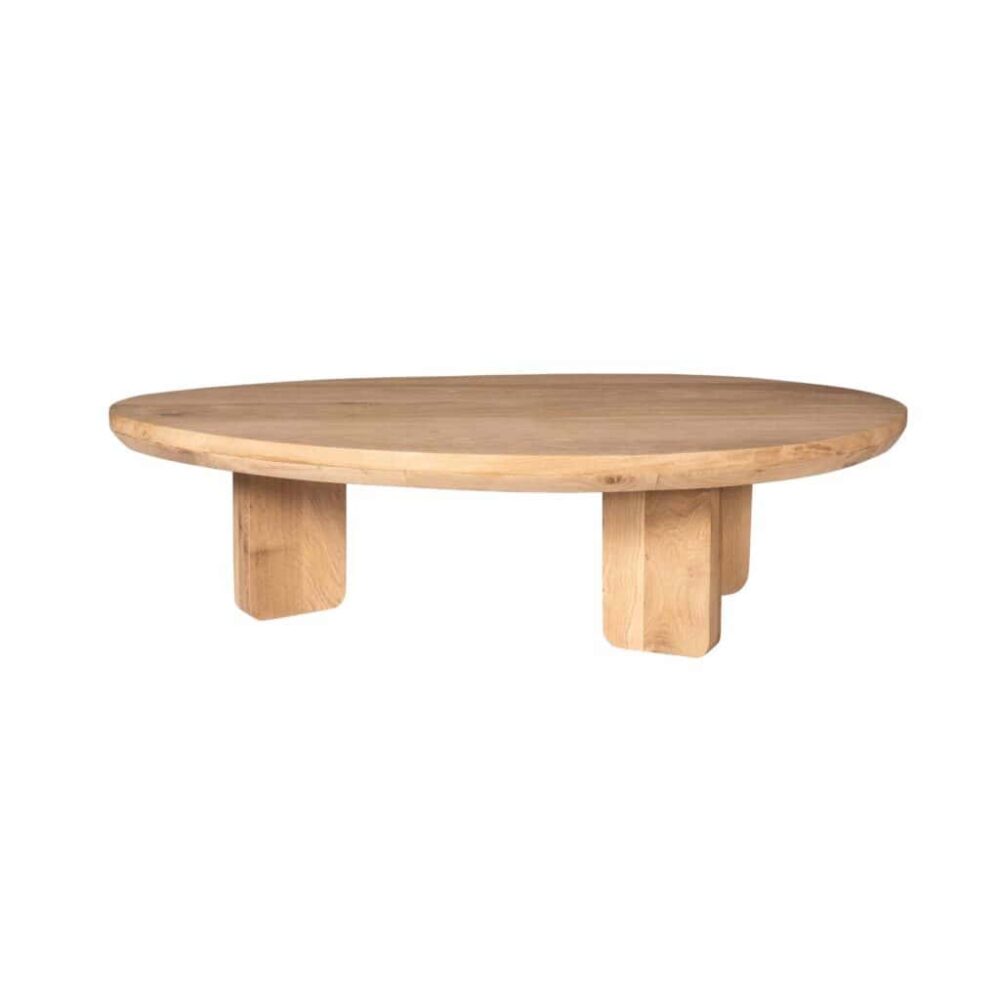 Massief eiken lage salontafel, handgemaakt meubel met natuurlijke houtafwerking, perfect voor moderne en landelijke interieurs.
