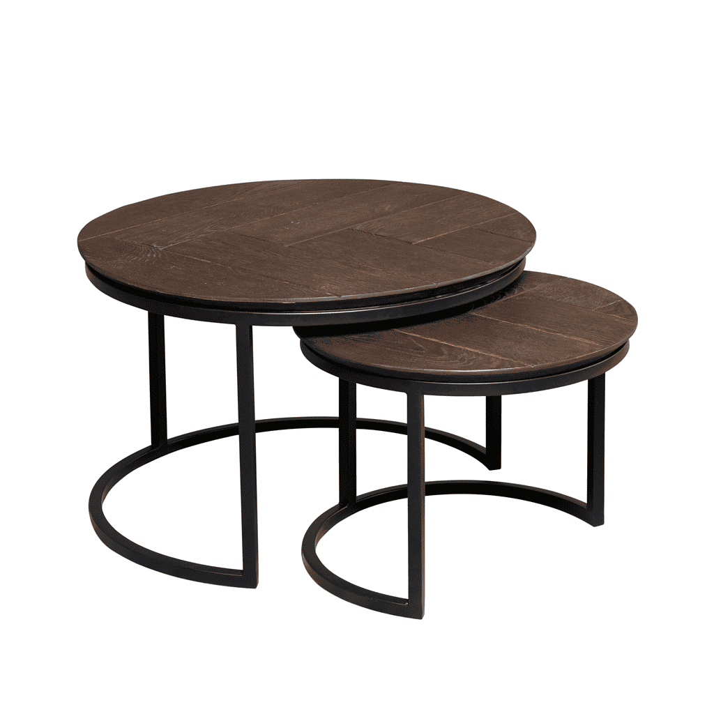 Natuurruwe houten salontafel set met zwart metalen frame, modern interieurdesign.