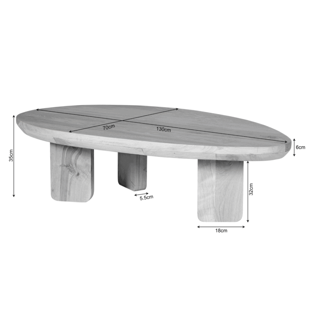 Massief houten salontafel met afmetingen en natuurlijke afwerking, perfect voor moderne en landelijke interieurstijlen. Geschikt voor in de woonkamer en makkelijk te combineren met diverse meubels.
