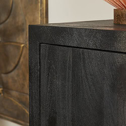 Robuuste zwart afgewerkte houten meubel met gekleurde accenten, perfect voor een moderne interieurstijl.