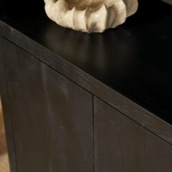 Strak zwart houten meubel met minimalistisch design, perfect voor modern interieur, met een decoratieve vaas op het oppervlak voor stijlvolle uitstraling.