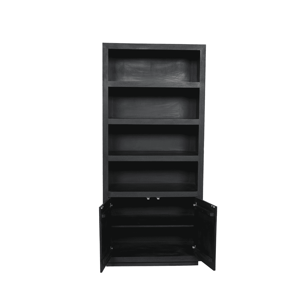 Strak zwart houten kast met meerdere open en afgesloten opbergvakken, perfect voor moderne woonruimtes en functioneel meubel design.