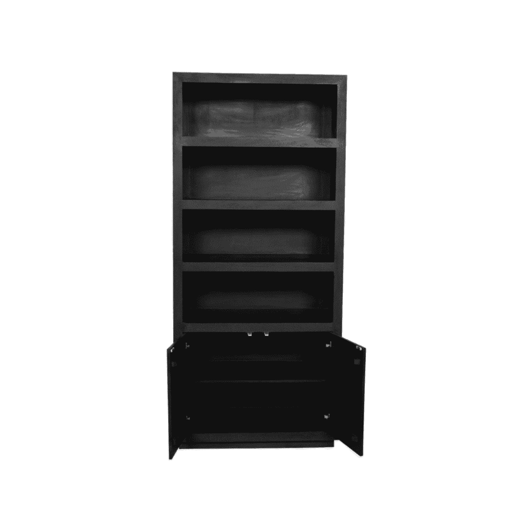 Eikenhouten boekenkast met open en gesloten vakken, perfect voor stijlvolle opbergruimte in interieur.