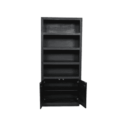 Strak zwart houten kast met meerdere open en afgesloten opbergvakken, perfect voor moderne woonruimtes en functioneel meubel design.