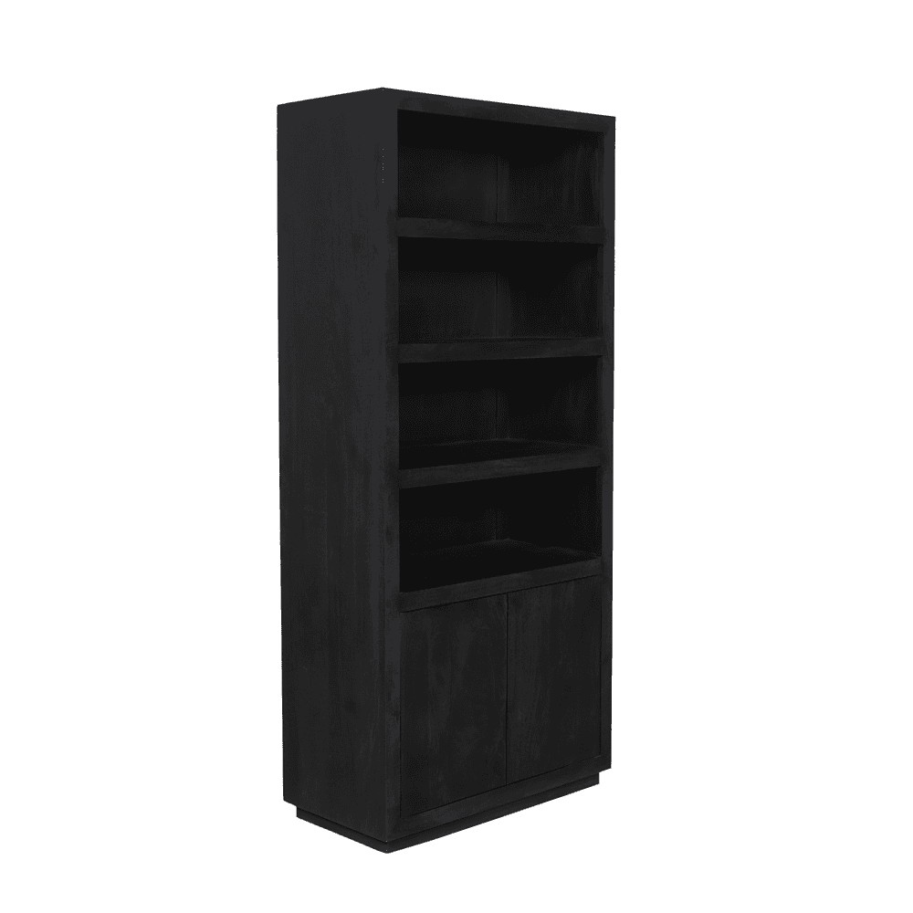Hoogwaardig zwart houten boekenkast met open vakken en gesloten onderkast, perfect voor modern interieur en opbergruimte.