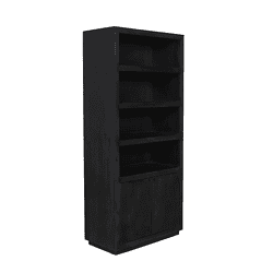 Hoogwaardig zwart houten boekenkast met open vakken en gesloten onderkast, perfect voor modern interieur en opbergruimte.