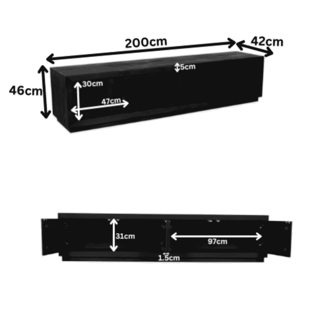 Hoogwaardige zwarte meubelkast, ontworpen voor modern interieur, met afmetingen van 200x42x46 cm, ideale opbergoplossing voor woonkamer of kantoor.