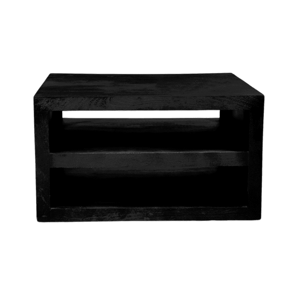 Elegant zwart houten bijzettafel met open opbergruimte, perfect voor modern interieur en functioneel gebruik.