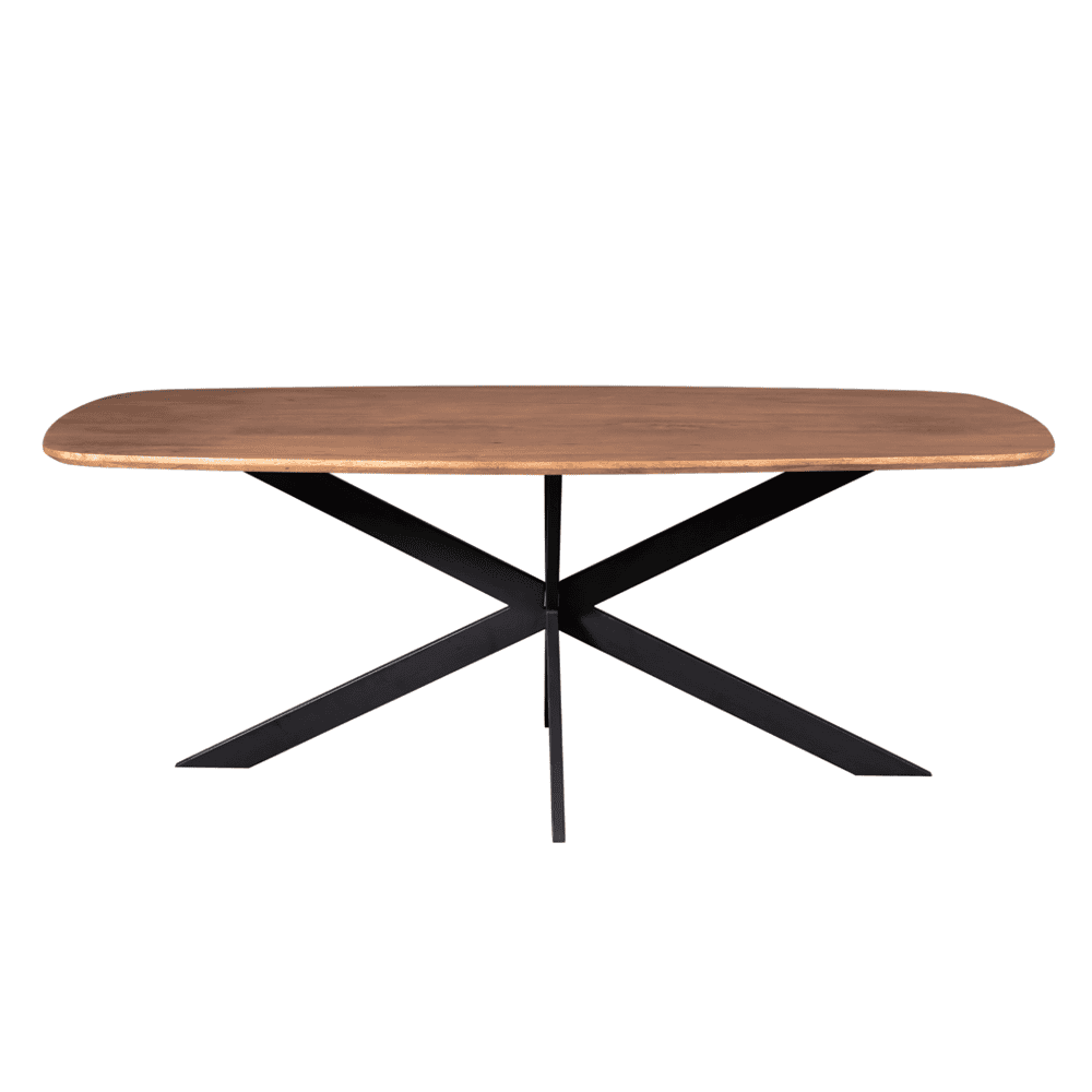 Steigerhouten eettafel met zwart metalen onderstel, moderne design meubelstuk geschikt voor eetkamers en eetruimtes. Perfect voor een stijlvolle en functionele inrichting.