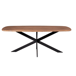 Elegante eettafel van massief hout met zwart metalen onderstel, perfect voor moderne en landelijke interieurs.