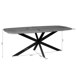 Robuuste eettafel van massief hout met zwart metalen onderstel, modern design, perfect voor eetkamers, afmetingen 240x110cm, hoogte 76cm, stijlvol en duurzaam.