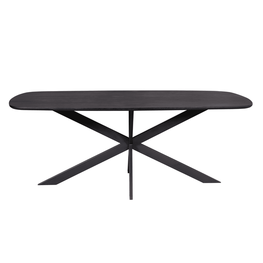 Waterbestendige eettafel van zwart hout en metalen kruisvoet, modern design, maatvoering ideaal voor eetkamer of vergaderruimte, handgemaakt door Mokana Meubelen.