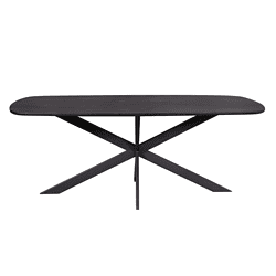 Waterbestendige eettafel van zwart hout en metalen kruisvoet, modern design, maatvoering ideaal voor eetkamer of vergaderruimte, handgemaakt door Mokana Meubelen.