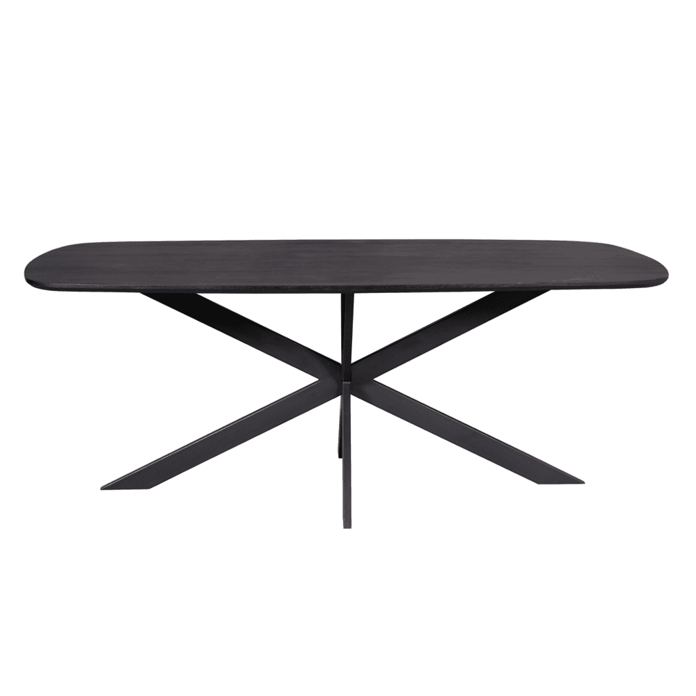 Strak zwart houten eettafel met modern design en stevige metalen onderstel, perfect voor een stijlvolle en functionele eetruimte.