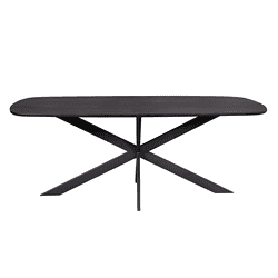 Strak zwart houten eettafel met modern design en stevige metalen onderstel, perfect voor een stijlvolle en functionele eetruimte.