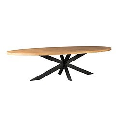 Modern eettafel met massief houten blad en zwart metalen onderstel, perfect voor moderne interieurstijlen.