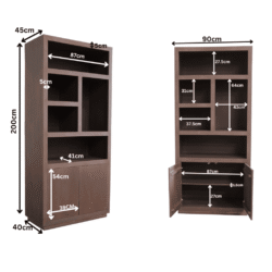 Grote houten boekenkast met meerdere opbergruimtes en een afgesloten onderkast, geschikt voor woonkamer of kantoor, in donker eikenhout, afmetingen 200x90x45 cm.