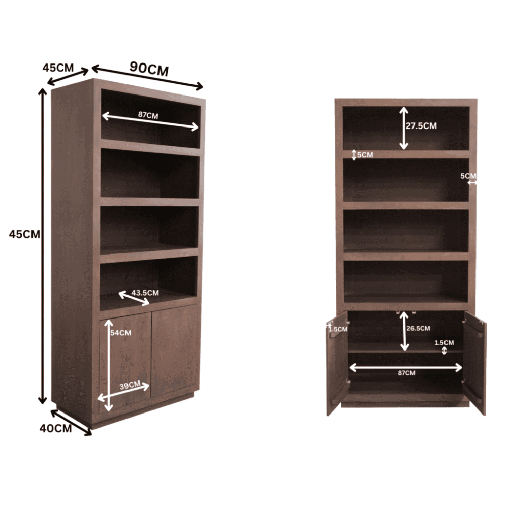 EIK 1: Moka meubelen, hoge houten boekenkast met 4 open planken en 2 afsluitbare deuren, geschikt voor stijlvolle opbergruimte in woonkamer of thuiskantoor, in warme houtkleur.