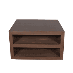 Robuuste houten salontafel met open opbergruimte, modern design, perfect voor woonkamerinterieur, vervaardigd door Mokana Meubelen, afgewerkt met natuurlijke houtafwerking.