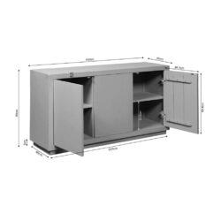 Robuuste houten dressoir met opbergvakken en deuren, in lichtgrijze afwerking, ideaal voor woonkamer of keuken, meubel op maat van Mokana Meubelen.