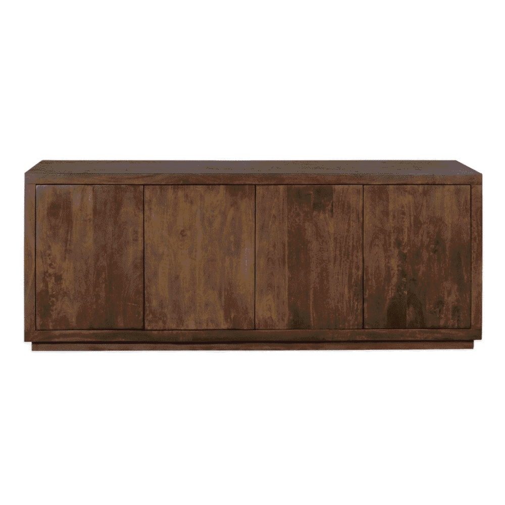2. Stoer houten dressoir van donkerbruin massief hout met vier deuren, perfect voor een landelijke of moderne woonstijl.