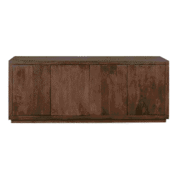 2. Stoer houten dressoir van donkerbruin massief hout met vier deuren, perfect voor een landelijke of moderne woonstijl.