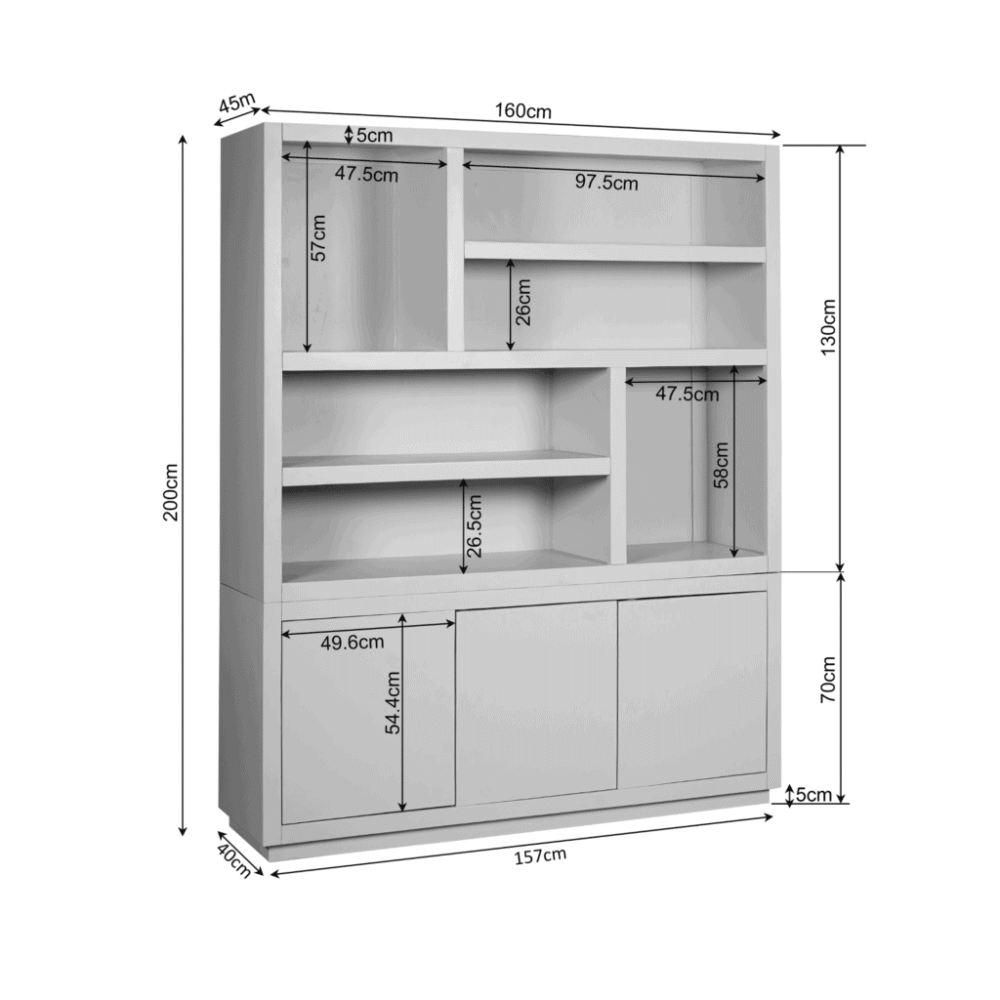 Kleurenhouten boekenkast met diverse open vakken en gesloten opbergdeuren, maat 200x157x40 cm, ideaal voor stijlvolle opbergruimte in woonkamer of studeerkamer.