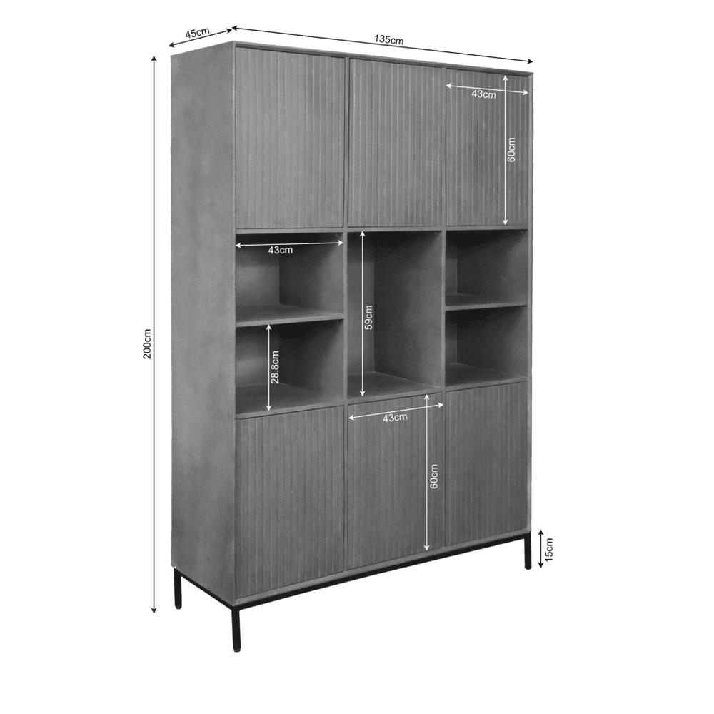 Hoge kast met opbergvakken en schuifdeuren van Mokana Meubelen, modern en industrieel design, ideaal voor woonkamer en eetkamer, duurzame materialen en stijlvolle uitstraling.