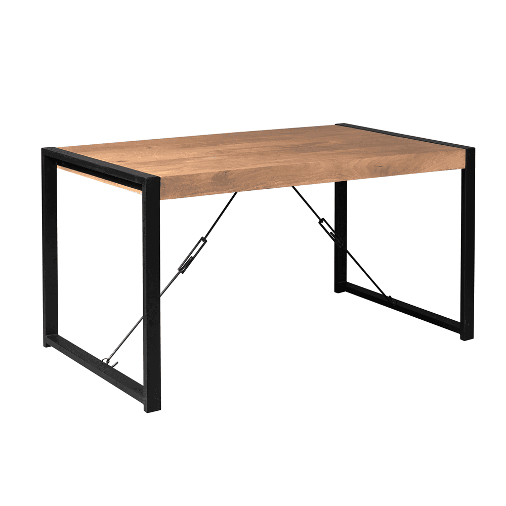 Robuuste eettafel met een massief houten tafelblad en industrieel zwart metalen frame, perfect voor moderne eetkamers en werkkamers.