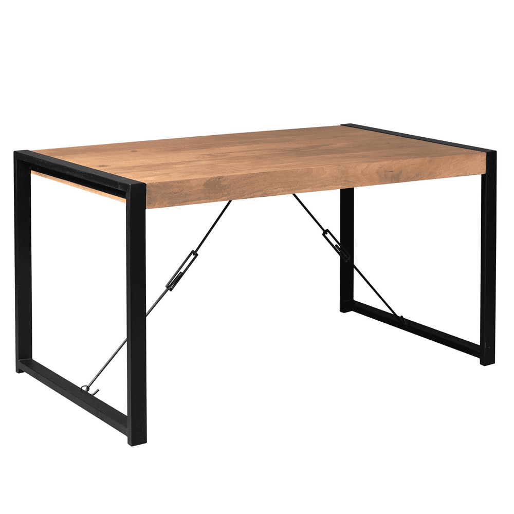 Elegante industriële eettafel met massief houten blad en zwart metalen frame, perfect voor moderne eetkamers en kantoorruimtes.
