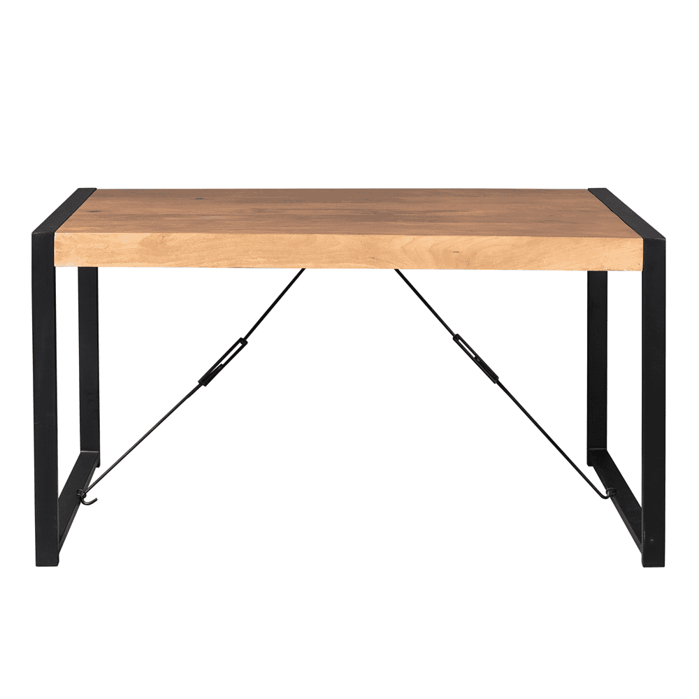 Modern logeer- of bureau tafel met robuust houten blad en zwart metalen frame, geschikt voor zowel thuis als kantoor, stijlvol en functioneel design.