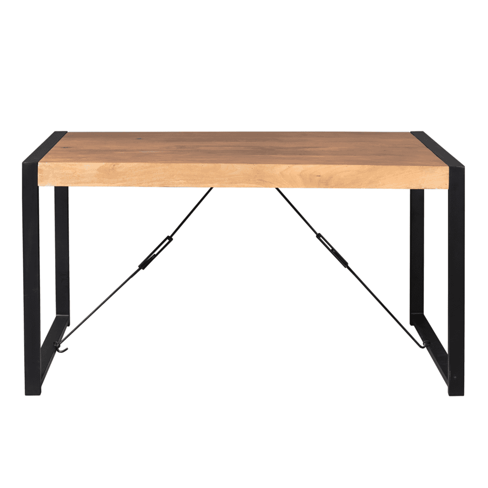 Houten bureau met zwart metalen frame en stabilisatorriempjes, modern industrieel design, perfect voor kantoor of thuiswerkruimte.