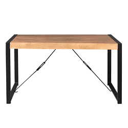 Houten bureau met zwart metalen frame en stabilisatorriempjes, modern industrieel design, perfect voor kantoor of thuiswerkruimte.