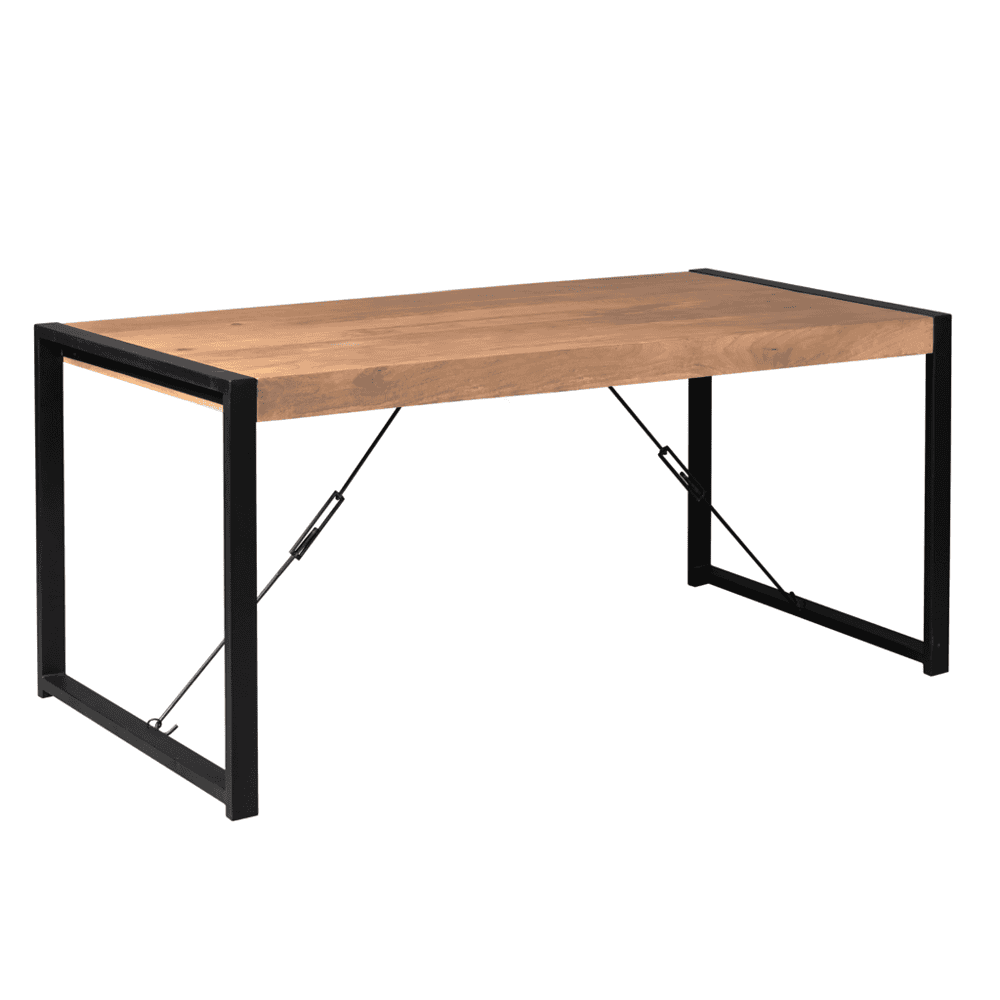 Leren industrieel houten bureau met zwart metalen frame en verstelbare stang voor stabiliteit, perfect voor een moderne kantoor- of thuiskantoorinrichting.