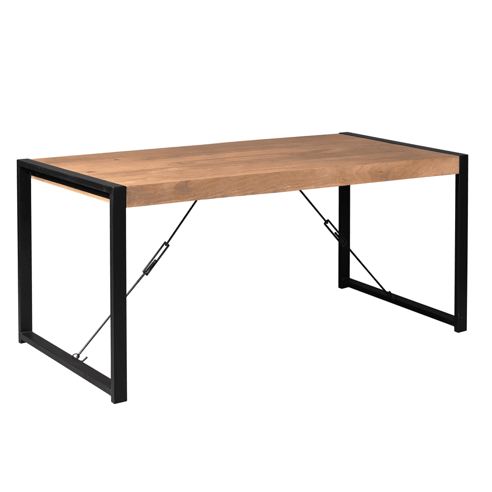 Rustieke eettafel met massief houten blad en zwart metalen frame, modern industrieel design, perfect voor eetkamers en keukens.