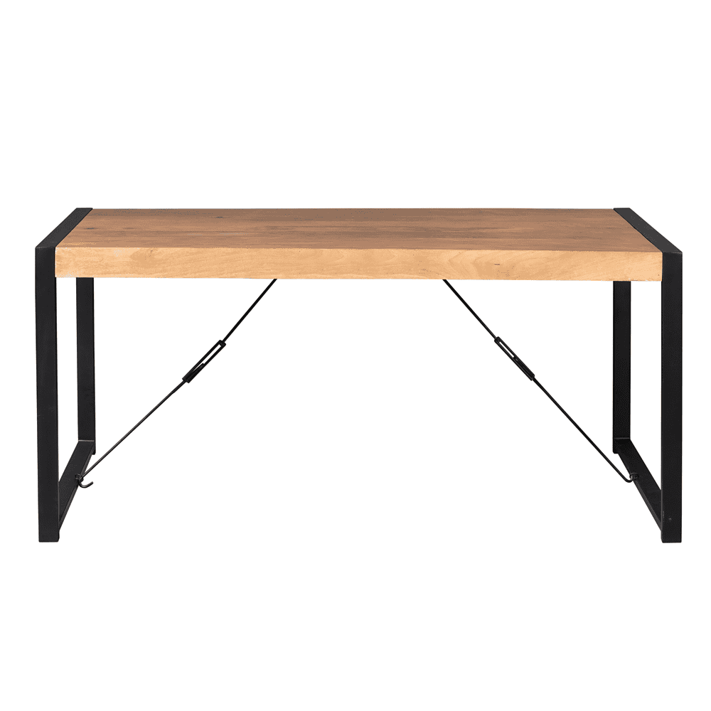 Houten eettafel met zwart metalen frame en moderne industriële uitstraling, ideaal voor je woonkamer of eethoek.