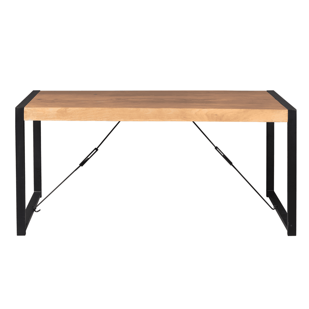 1. robuuste tropical houten eettafel met zwart metalen frame en diagonale steunbennen, modern industrieel design.