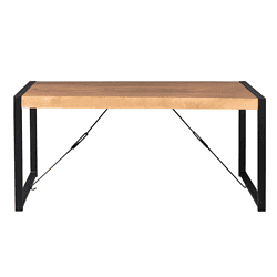 1. robuuste tropical houten eettafel met zwart metalen frame en diagonale steunbennen, modern industrieel design.