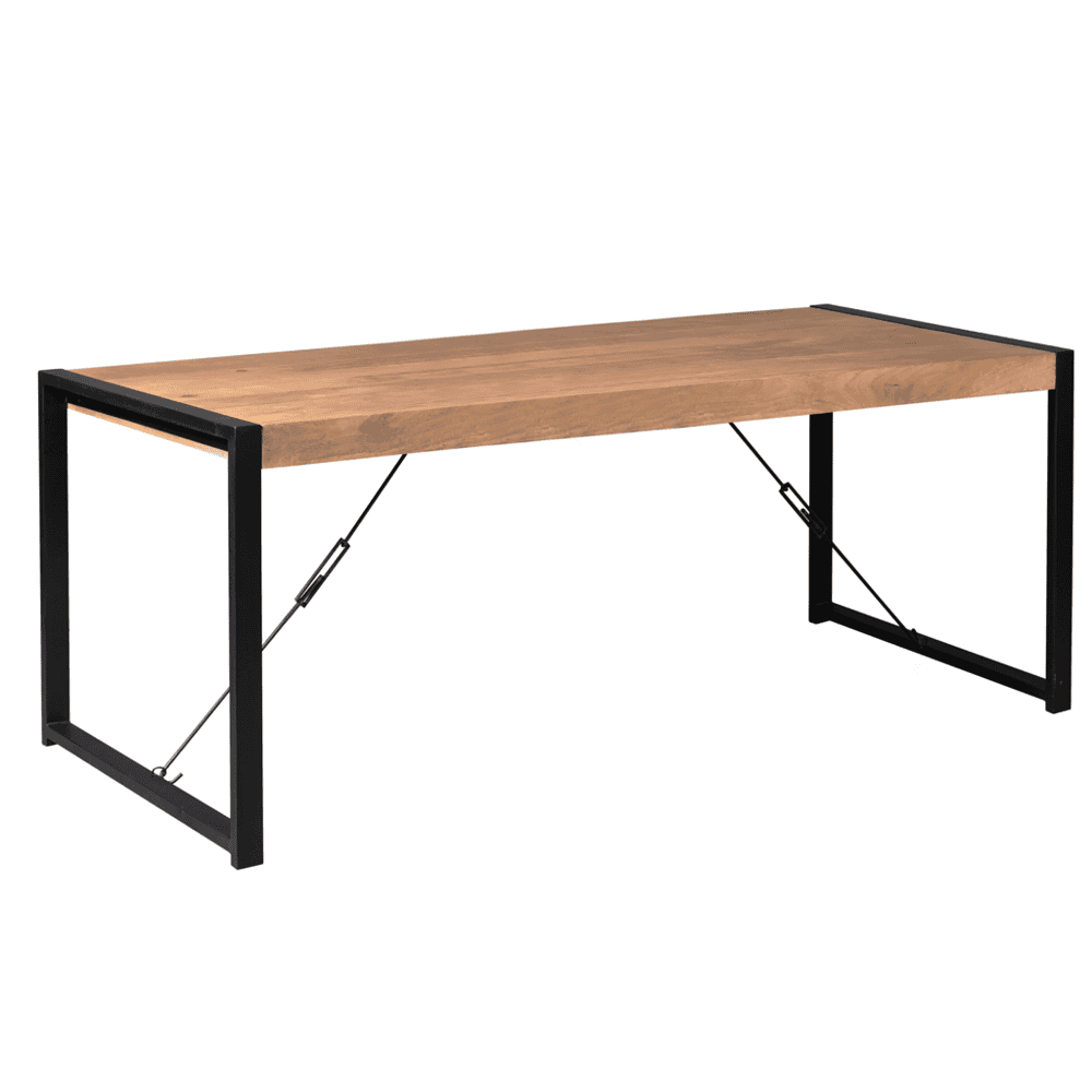 Strakke industriële eettafel met zwart metalen frame en massief houten blad, modern design, perfect voor een stijlvolle eetkamer of kantoorruimte, duurzame materialen.